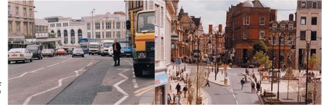 Vor und nach der Autobefreiung im Stadtzentrum von Wolverhampton